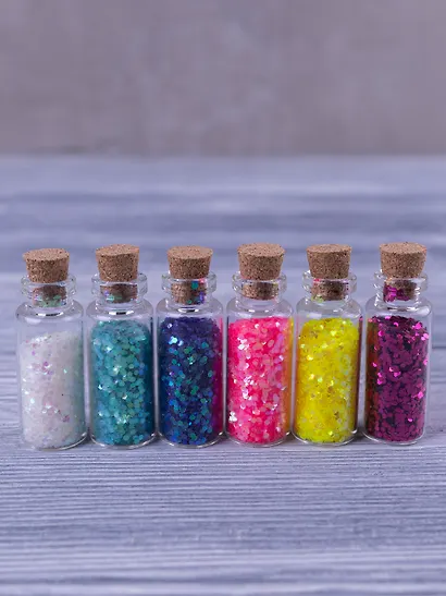 Набор Глиттер в стеклянных бутылках с пробками (ГЛ) (11098500) (12шт) круглые блестки и полоски - фото 3
