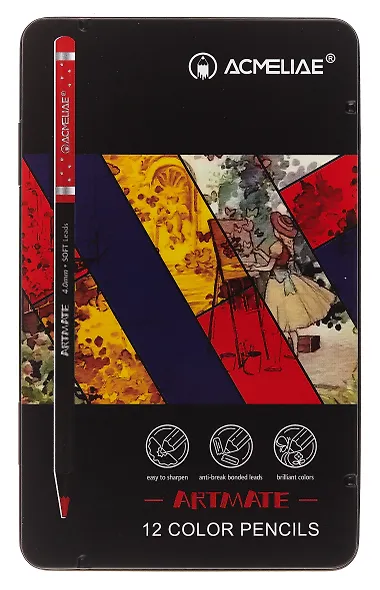 Карандаши цветные 12цв "Blackwood Artmate" мет.футляр, супермягкие, утолщ.грифель 4мм, ACMELIAE - фото 1