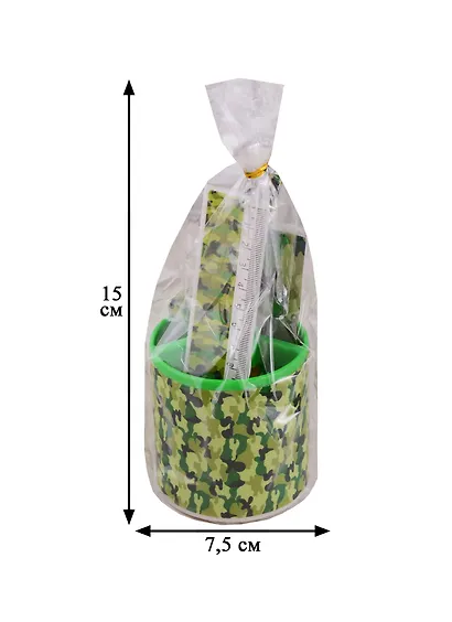 Набор настольный детский "Камуфляж" зеленый, стакан, линейка 15см, ластик, точилка, 2 ч/гр карандаша, блокнот, инд.уп. - фото 3