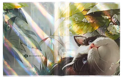 Обложки 03шт д/тетрадей гологр. "Лучезарный кот" 346*215мм, ПВХ 70мкм, три наклейки для персонализации, подвес - фото 3