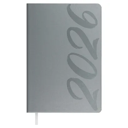 Ежедневник дат. 2026г. А5 176л "Софт-тач" серый, кожзам, тв.переплет, офсет, закругл.углы, ляссе, инд.уп - фото 1