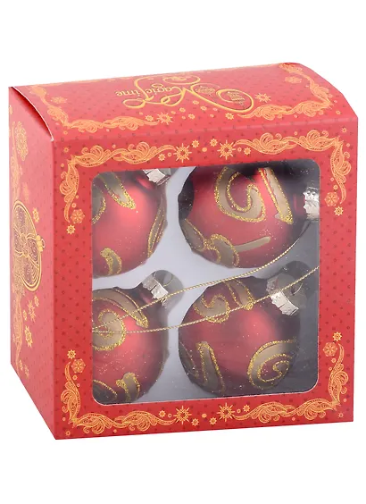 Набор елочных шаров Красные с золотым узором (4 шт) (стекло) (6 см) - фото 1