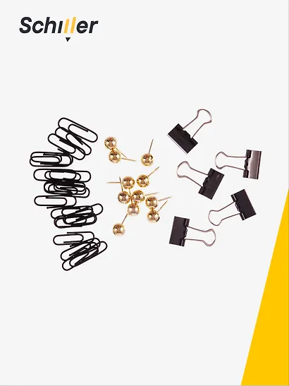 Набор канцелярский: зажимы черные 19 мм 5 штук, скрепки черные 28 мм 20 штук, кнопки-гвоздики золотые 15 штук, Schiller - фото 3