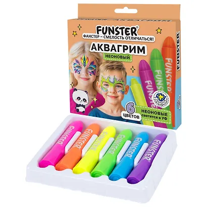 Аквагрим для лица и тела, 6 НЕОНОВЫХ цветов, FUNSTER (ФАНСТЕР), легко смываются, 192573 - фото 2