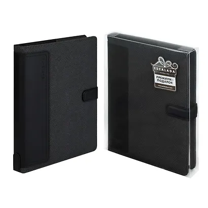 Ежедневник-органайзер недат. А5+ 160л "Саржа" черный, тв.переплёт с поролоном, иск.кожа, магнит.клапан, аппликация, ляссе, ПВХ-коробка - фото 1