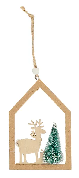 Новогоднее подвесное украшение Олень с елкой в домике (12х8см) (дерево) (12-06942-NY-4) - фото 2