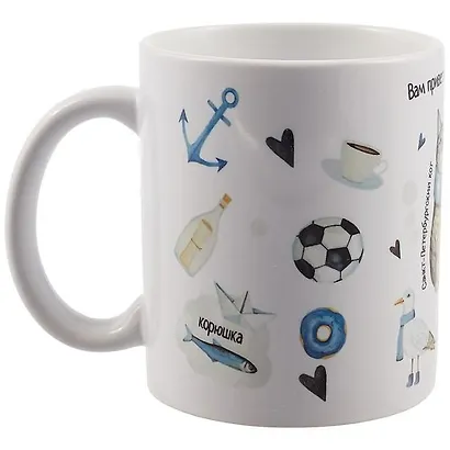 Кружка СПб "Вам привет из Петербурга" (кот в синем шарфе) (керамика) (330мл) (коробка) - фото 4