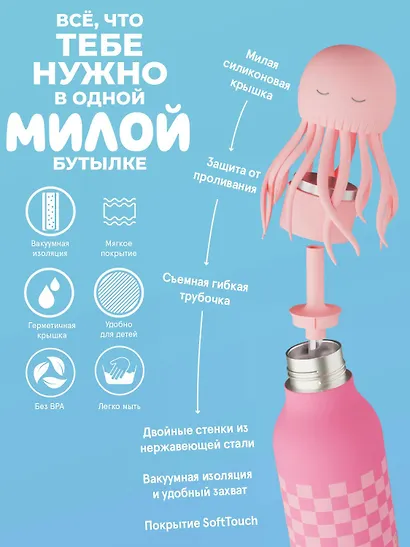 Бутылка для холодных и горячих напитков Asobu Bestie Медуза (460 мл) (69759) - фото 5