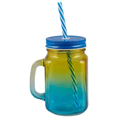 Банка с ручкой и крышкой для коктейлей Цветной градиент (стекло) (350 мл) (12-16956-MK-89022) - фото 1