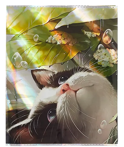 Обложки 03шт д/тетрадей гологр. "Лучезарный кот" 346*215мм, ПВХ 70мкм, три наклейки для персонализации, подвес - фото 2