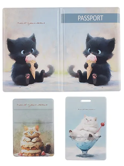 Набор (Обложка для паспорта 1шт + Кардхолдер 2шт) (Обложка для паспорта Сладкие коты Котик с мороженым Чехол для карточек на телефон Сладкие коты Кондитер (Кот с тортом) Чехол для карточек вертикальный Сладкие коты Коттейль (Котик в бокале) (упаковка) - фото 9