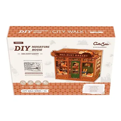 CWGB401 Конструктор интерьерный  – сборный домик CuteBee - Пекарня "Миссис Хант", 216 деталей (материалы: дерево, картон, пластик, металл), со световыми эффектами (подсветка интерьера), с питанием от 2хААА батареек (не включены), серия DIY, возраст 14+ - фото 13