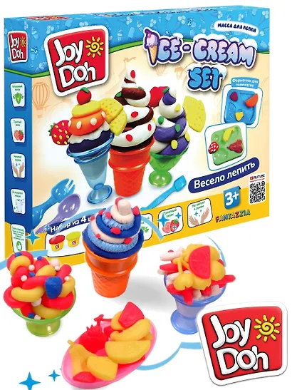 Масса для лепки Joy Doh, набор Ice-cream Set - Мороженое, доп. пресс-формы для фруктов, 10 аксессуаров, 4 баночки с тестом (4 х 50г) - фото 1