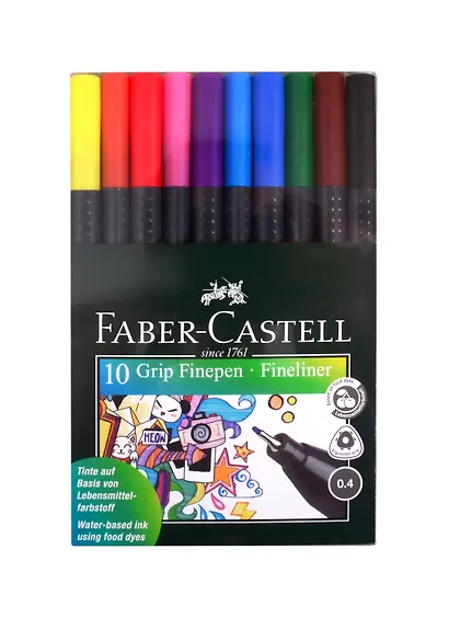 Капиллярная ручка 10 цветов 0,4 мм, Grip Finepen, Faber-Castell - фото 1