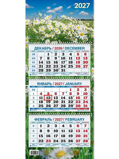 Календарь квартальный 2027г 195*465 "Ромашки в поле" настенный, трёхблочный, спираль - фото 1