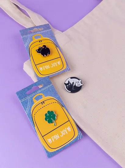 Набор металлических значков (3шт.) (Pin Joy Котик с хвостиком Значок Pin Joy Коты Инь-Ян Значок Pin Joy Клевер) (металл) - фото 8