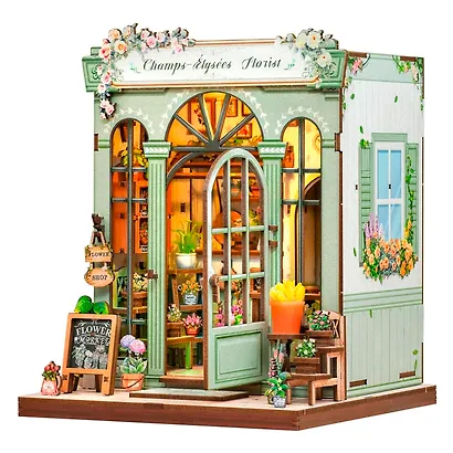 CWGC201 Конструктор интерьерный  – сборный домик CuteBee - Магазин цветов "Елисейские Поля", 199 деталей (материалы: дерево, картон, пластик, металл), со световыми эффектами (подсветка интерьера), с питанием от 2хААА батареек (не включены), серия DIY, воз - фото 13