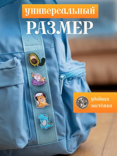 Набор акриловых значков (5шт) (Значок Корги в космосе Значок Котик Значок Авокадо Кот Значок Динозаврик (голубой) Значок Меломан) (акрил) (упаковка) - фото 5