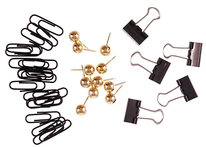 Набор канцелярский: зажимы черные 19 мм 5 штук, скрепки черные 28 мм 20 штук, кнопки-гвоздики золотые 15 штук, Schiller - фото 6