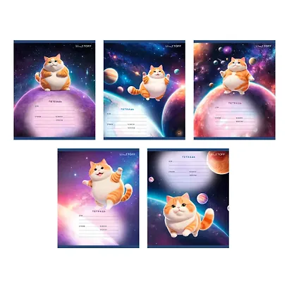 Тетрадь 18л лин. "Космический котик" мел.картон, выб.лак, офсет 60г/м2, поля, ассорти - фото 1