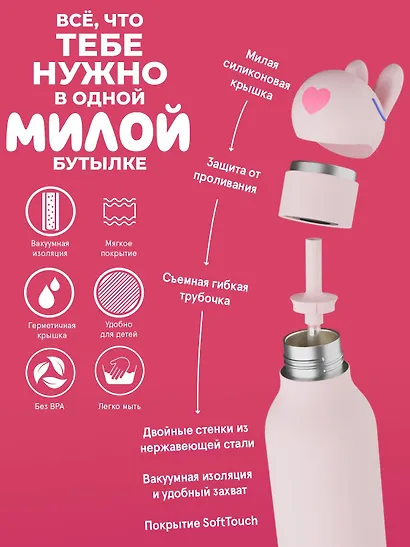 Бутылка для холодных и горячих напитков Asobu Bestie Кролик (460 мл) (69753) - фото 5