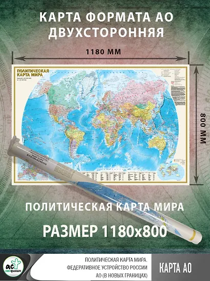 Политическая карта мира. Федеративное устройство России А0 (в новых границах) (в тубусе) - фото 2