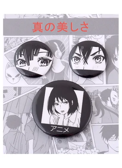 Набор значков Аниме Лица (металл) (2 шт 25мм, 1 шт 38мм) - фото 1