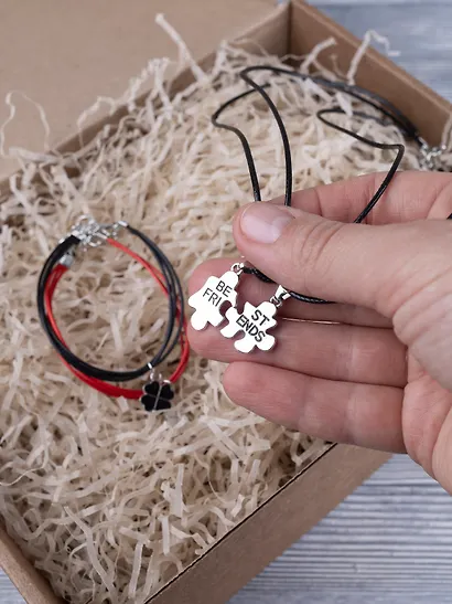 Набор парных браслетов Клевер и кулонов Пазлы Best friends (Набор парных браслетов с подвеской Клевер+Набор парных кулонов Пазлы Best friends) (текстиль, металл) - фото 6