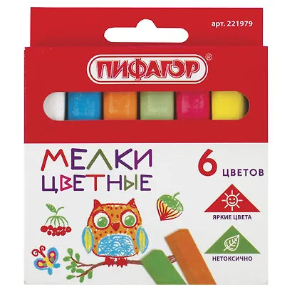 Мелки цветные 06цв квадратные, к/к, европодвес, Пифагор - фото 1