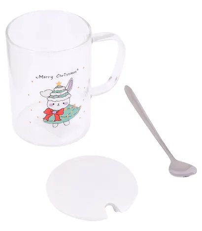 Кружка с крышкой и ложкой Новогодний зайчик (стекло) (420 мл) - фото 2