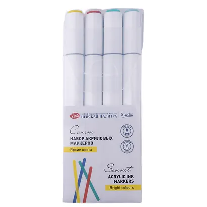 Маркеры акриловые 04цв "Сонет. Яркие цвета" перо кисть/пуля, блистер, ЗХК - фото 1