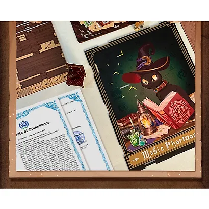 SZ05 Конструктор интерьерный  – сборный домик CuteBee - Волшебный Фармацевт, 282 деталей (материалы: дерево, картон, пластик, металл), со световыми эффектами (подсветка интерьера), с питанием от 2хААА батареек (не включены), серия DIY, возраст 14+ - фото 7