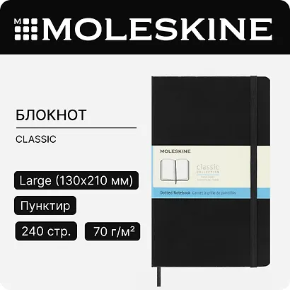 Книга для записей А5, 120 листов в точку "Classic Large", черная, жесткая обложка, резинка, Moleskine - фото 9