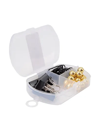 Набор канцелярский: зажимы черные 19 мм 5 штук, скрепки черные 28 мм 20 штук, кнопки-гвоздики золотые 15 штук, Schiller - фото 5