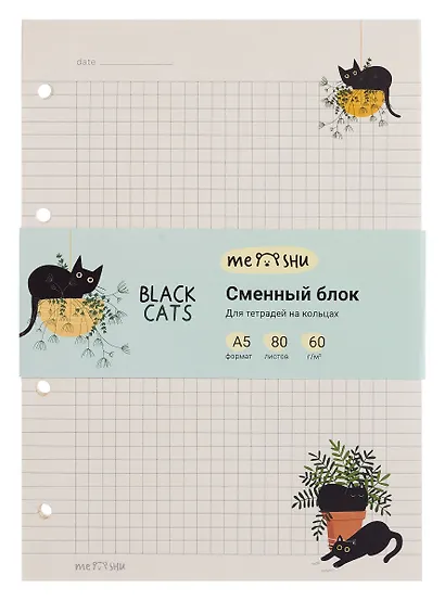 Сменный блок для тетрадей «Black Cats» 80 листов в клетку, А5, MESHU - фото 2