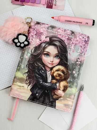 Дневник шк. "Брюнетка с собачкой" кожзам, тв.переплёт, поролон, полноцв.печать, одно ляссе, загругл.углы, брелок, универс.шпаргалка - фото 2