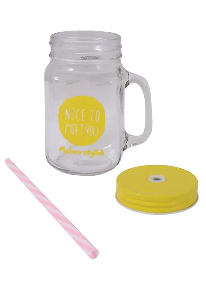 Баночка с ручкой и крышкой + трубочка, для коктейлей Nice to meet you (стекло) (450мл) - фото 2