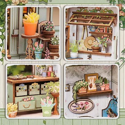 CWGC201 Конструктор интерьерный  – сборный домик CuteBee - Магазин цветов "Елисейские Поля", 199 деталей (материалы: дерево, картон, пластик, металл), со световыми эффектами (подсветка интерьера), с питанием от 2хААА батареек (не включены), серия DIY, воз - фото 6