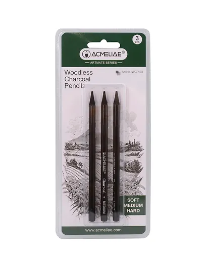 Карандаши угольные 03шт бездревесные, мягкий, средний, жесткий, блистер, ACMELIAE - фото 1