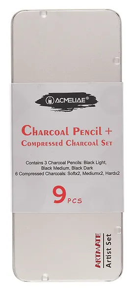 Уголь прессованный 06шт + карандаши угольные 03шт черные, мет.кор., ACMELIAE - фото 1
