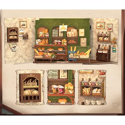 CWGB401 Конструктор интерьерный  – сборный домик CuteBee - Пекарня "Миссис Хант", 216 деталей (материалы: дерево, картон, пластик, металл), со световыми эффектами (подсветка интерьера), с питанием от 2хААА батареек (не включены), серия DIY, возраст 14+ - фото 11