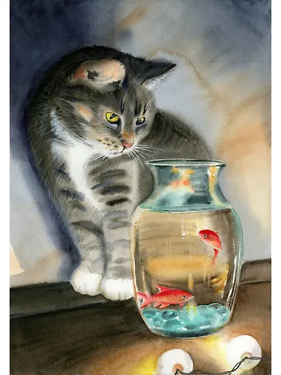 Картина по номерам на подрамнике "Кот и аквариум" (17х22) - фото 1