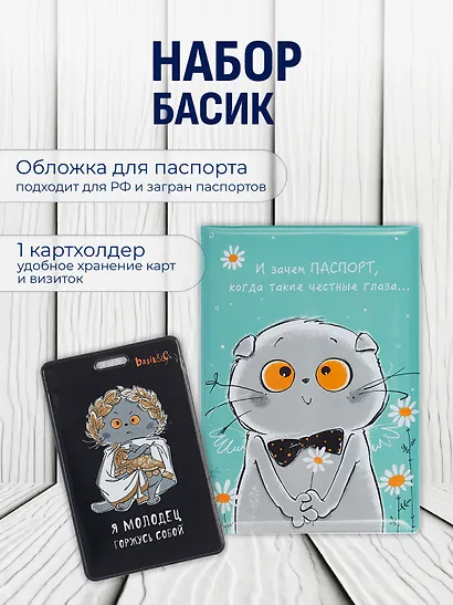 Набор обложка д/ паспорта и чехол д/карточек Басик - фото 1