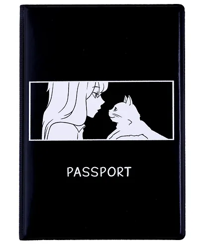 Обложка для паспорта Аниме ч/б Девушка с котиком (ОП2024-417) - фото 1