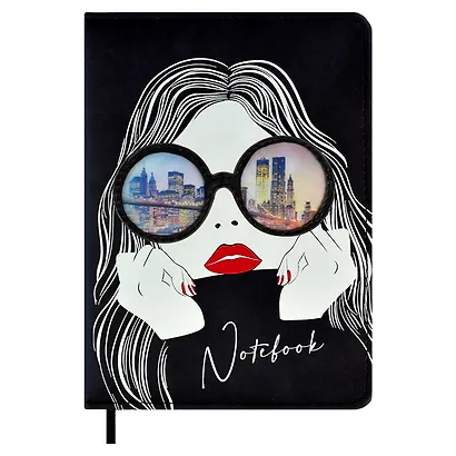 Записная книжка А6+ 96л кл. "ДЕВУШКА В ОЧКАХ" кожзам, поролон, аппликация с анимир.изображением, ляссе, инд.уп. - фото 3