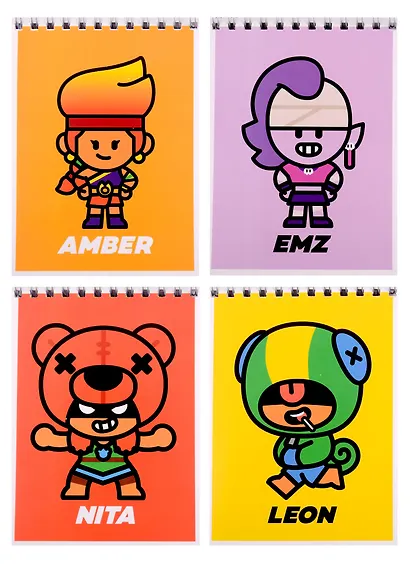 Блокнот А6 40 листов, нелинованный, "Leon, Amber, Emz, Nita, Frank" спираль, Brawl Stars - фото 1
