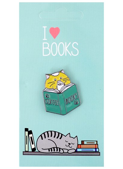 Значок «I love books. Котик с книгой и кофе», металл - фото 1