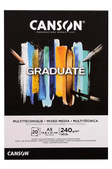 Альбом для смешанных техник А5 20л "Graduate BLACK" 240г/м2, склейка с одной стороны, черная бумага, Canson - фото 1