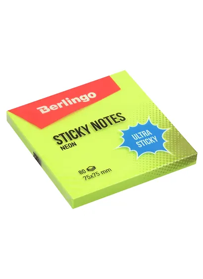 Блок бумаги 75*75 самоклеящийся зеленый неон 80 листов, "Ultra Sticky", Berlingo - фото 1