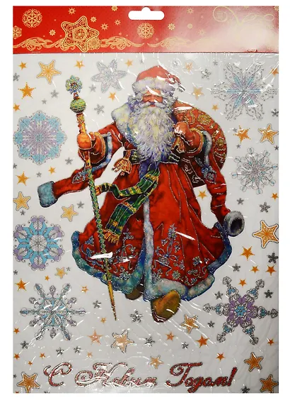 Новогоднее оконное украшение Дед Мороз в красном кафтане (30х38) - фото 1